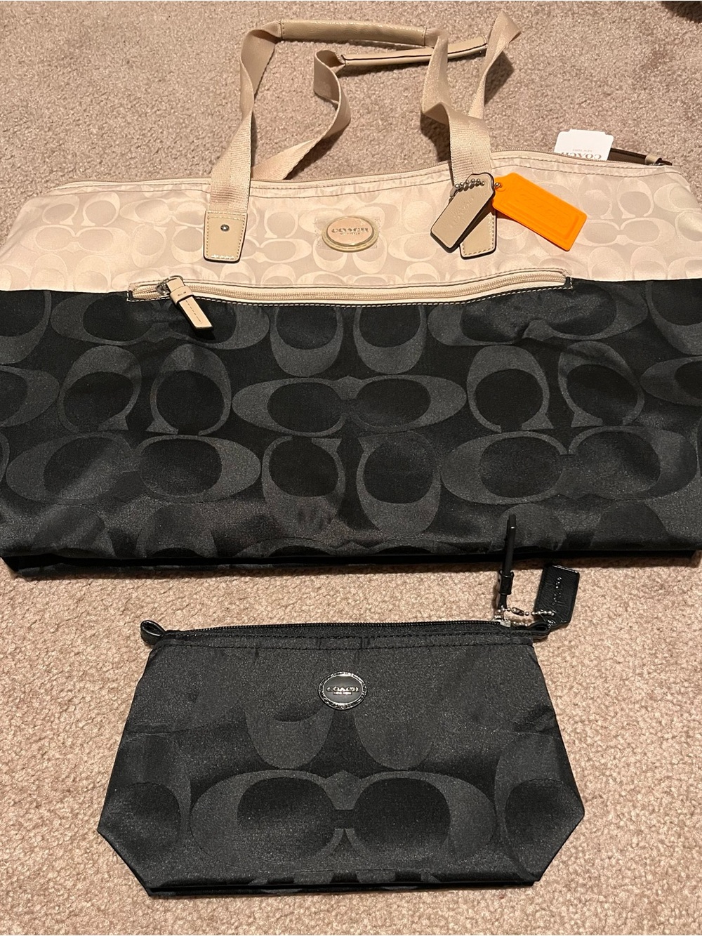 Coach Signature Tote in Black and Cream with Logo Patch